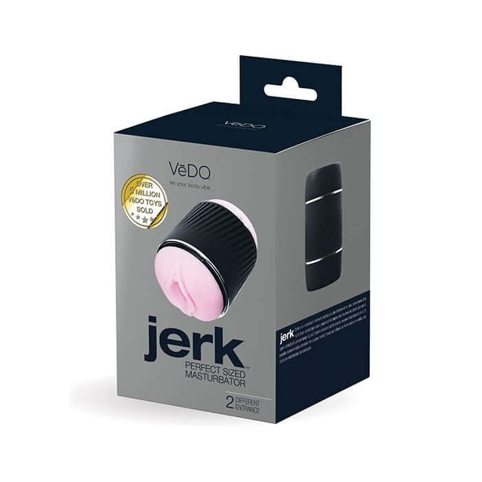 VEDO Jerk Masturbation Sleeve packaging with black case and pink sleeve showcased on box.