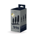 Trio Anal Plug Set packaging displaying 3 weighted butt plugs in various sizes and textures for beginners and experts.