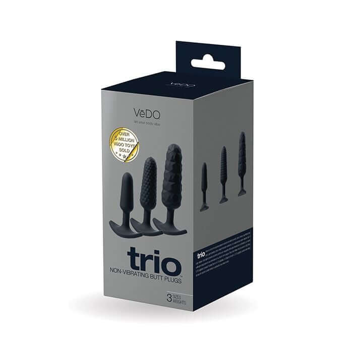 Trio Anal Plug Set packaging displaying 3 weighted butt plugs in various sizes and textures for beginners and experts.
