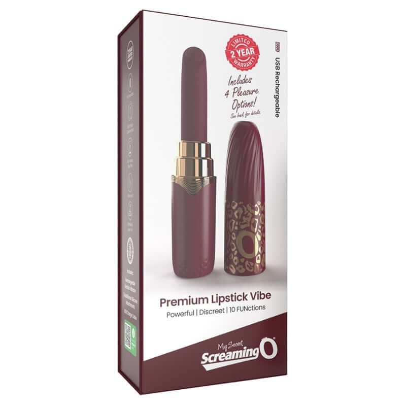 My Secret Screaming O Rechargeable Vibrating Lipstick Vibe in Merlot packaging showing 10 vibration functions