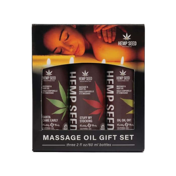 Hemp Seed Massage Oil Gift Set Trio featuring three 2 oz bottles packaged for self-care and relaxation.