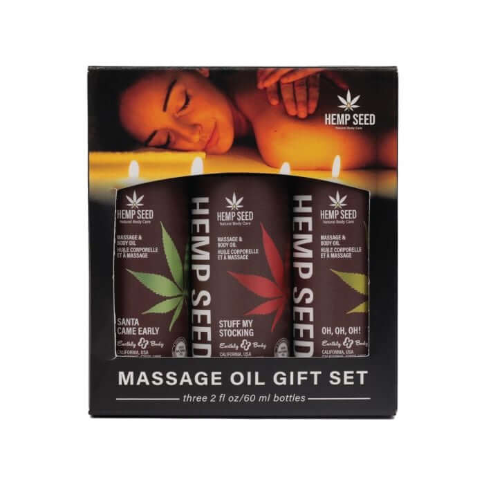Hemp Seed Massage Oil Gift Set Trio featuring three 2 oz bottles packaged for self-care and relaxation.