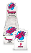 SMACK Tarts Strawberry Lube 3 ml Pouch 36 Pc Display with individual pouches in a vibrant counter display.