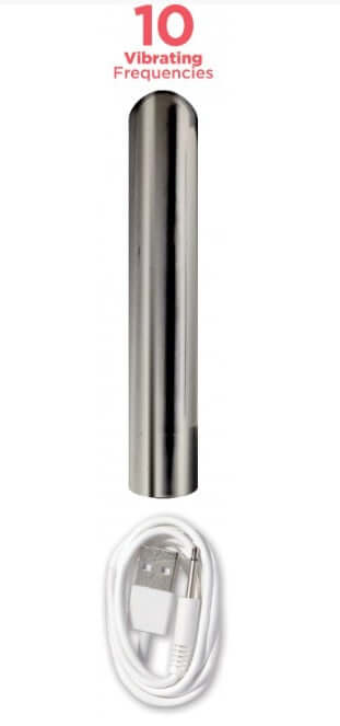 Rechargeable bullet vibrator with 10 vibrating frequencies and charging cable.
