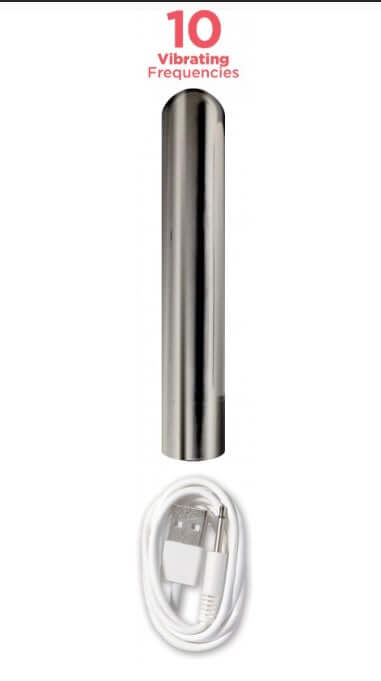 7-inch rechargeable bullet vibrator with 10 vibration frequencies and USB charging cable