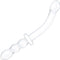 Girthy ribbed double-ended G-spot glass dildo with handle grip and graduated beads design, 12 inches in length.