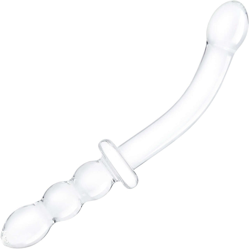 Girthy ribbed double-ended G-spot glass dildo with handle grip and graduated beads design, 12 inches in length.