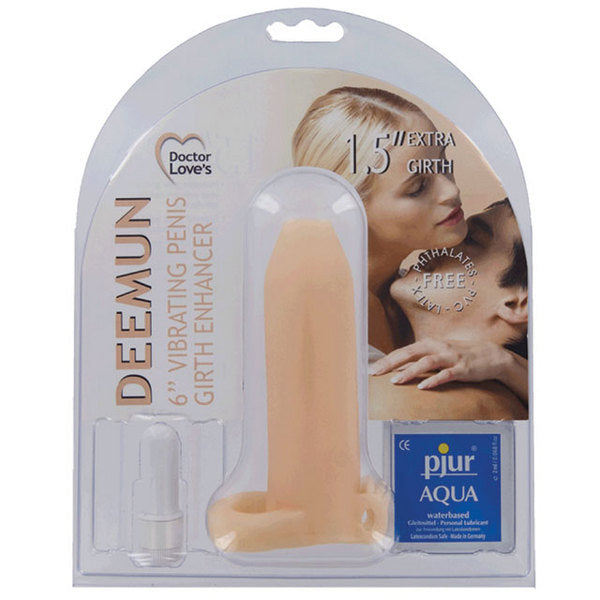 Doctor Love Vibrating Deemun Extra Girth Enhancer 6 inch by 1.5 inch product packaging featuring lifelike design.