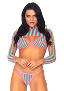 Rainbow Fishnet Top Set One Size Multi featuring a vibrant fishnet bikini top, matching g-string, and long-sleeved crop top.