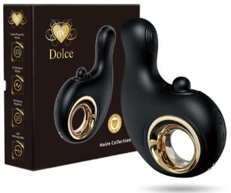 Dolce Thumping G-Vibe Black massager in packaging, featuring dual-action with 10 vibration modes for enhanced pleasure.