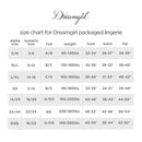 Size chart for Dreamgirl packaged lingerie including alpha, numeric sizes, cup, weight, bust, waist, and hip measurements.