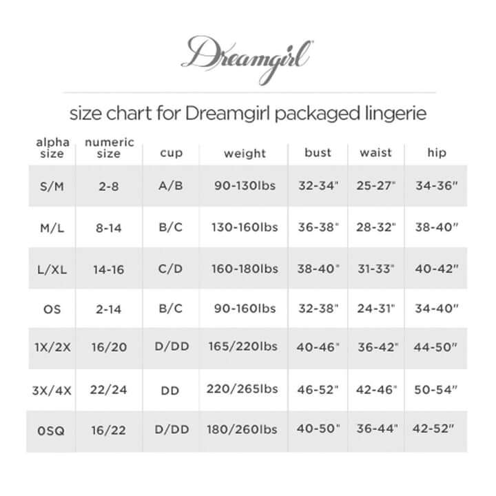 Dreamgirl lingerie size chart detailing alpha, numeric sizes, cup sizes, weight, bust, waist, and hip measurements.
