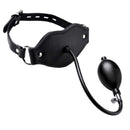 Master Series Silencer Inflatable Locking Silicone Penis Gag with leather head strap and inflation bulb.
