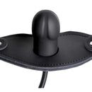 Master Series Silencer Inflatable Locking Silicone Penis Gag with black leather straps and a penis-head shape.