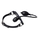 Master Series Silencer Inflatable Locking Silicone Penis Gag with adjustable leather straps and hand pump.