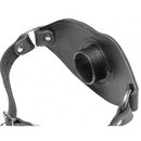 Master Series Feeder Locking Open Mouth Gag Black with sturdy steel hardware and vegan leather design for bondage play.