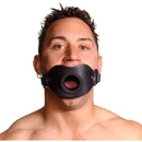 Master Series Feeder Locking Open Mouth Gag Black displayed on a model with an open mouth, showcasing bondage gear.