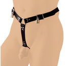 Strict Leather Locking Male Anal Plug Harness with buckles and padlocks for secure confinement.
