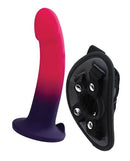 Duo silicone dildo in pink and purple with harness, featuring a 7-inch flexible design and strong suction cup for secure use.