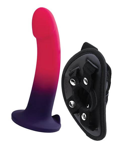 Duo silicone dildo in pink and purple with harness, featuring a 7-inch flexible design and strong suction cup for secure use.