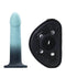 Turquoise silicone dildo and black harness for versatile pleasure and secure fit.