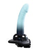 Turquoise silicone dildo with harness featuring a semi-realistic design and strong suction base for versatile pleasure.