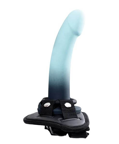 Turquoise silicone dildo with harness featuring a semi-realistic design and strong suction base for versatile pleasure.