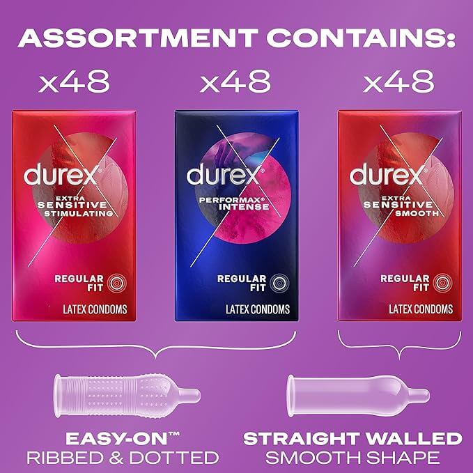Assortment of Durex Variety Latex Condoms Pack 144 Count with different types including Sensitive Stimulating, Performax Intense, and Sensitive Smooth