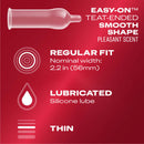 Durex Extra Sensitive Thin 24 Pack Latex Condoms features easy-on teat-ended design, regular fit, silicone lube, and ultra-thin texture.