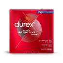 Durex Extra Sensitive Thin 24 Pack Latex Condoms box packaging featuring ultra-thin design for maximum sensitivity.