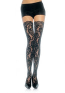 Leg Avenue Lace Top Lace Thigh Highs One Size Black with rose lace pattern and matching lace top band.