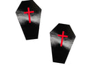 Dom Squad Wet Vinyl Black Coffin Nipple Cover Pasties in glossy black with red crosses.