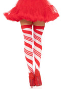 Leg Avenue Candy Cane Thigh High One Size White and Red stockings with red high heels and a red tutu.