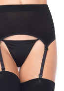 Leg Avenue Zara Garter Belt and Stocking Set Queen Black features a flattering garter belt and sexy black stockings.