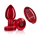 Cheeky Charms Vibrating Red Metal Remote Anal Plug Medium with remote control, crafted from body-safe aluminum alloy.