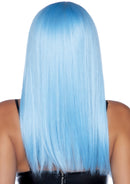 Leg Avenue 24 Inch Long Straight Bang Wig Blue displayed from behind, featuring long, sleek blue hair.