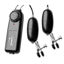 Frisky Vibe Me Vibrating Nipple Clamps with Variable Speeds featuring adjustable controls and vibrating bullet attachments.
