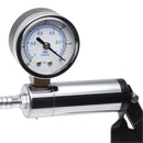 Image of the pressure gauge on Size Matters Deluxe Steel Hand Penis Pump Red for precise control during use.