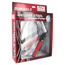 Size Matters Deluxe Steel Hand Penis Pump Red in durable packaging, showcasing the heavy-duty design and built-in pressure gauge.