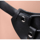 Close-up of Strict Leather Two-Strap Dildo Harness showcasing the snap-in design and sturdy buckles.