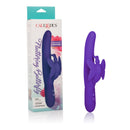 CalExotics Posh Fluttering Butterfly Vibrator Purple next to its packaging featuring dual motors and intense functions.