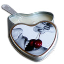 Earthly Body Cherry Edible Massage Candle 4 Oz in heart-shaped tin with cherry graphic.