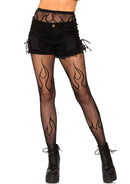Leg Avenue Flame Net Tights One Size Black worn with shorts, featuring a bold flame design for stylish flair.