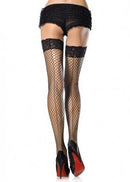 Stay Up Lace Top Thigh Highs With Backseam One Size Black worn with black shorts and heels, showcasing a glamorous leg silhouette.