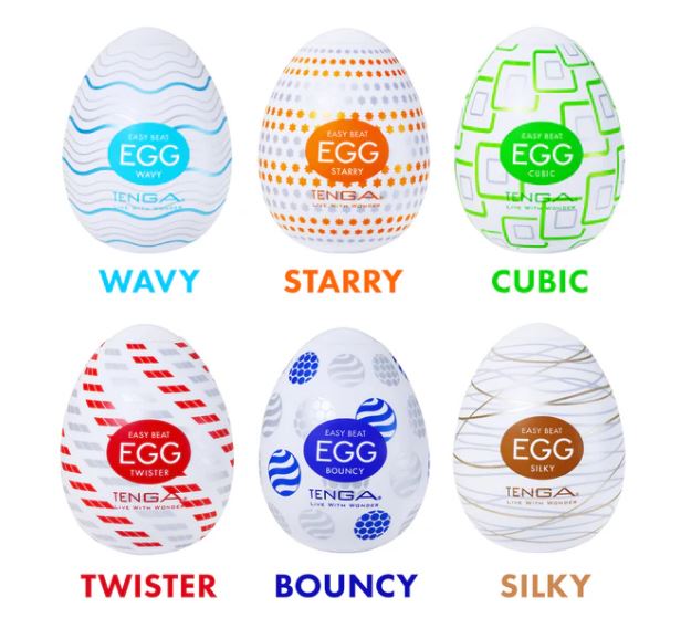 Tenga Egg Twister Stroker and other Tenga Egg styles including Wavy, Starry, Cubic, Bouncy, and Silky.