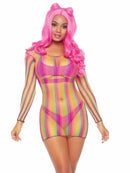 Leg Avenue Rainbow Fishnet Long Sleeved Mini Dress worn by a model with pink hair, showcasing vibrant rainbow netting.