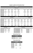 Lingerie size chart detailing measurements for regular, plus, junior, and men's sizes, including hosiery and Vivace sizing.