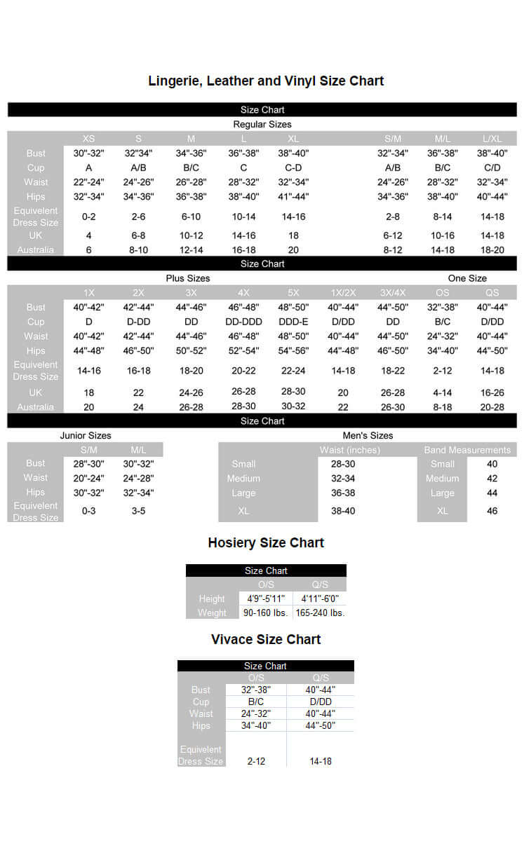 Lingerie size chart detailing measurements for regular, plus, junior, and men's sizes, including hosiery and Vivace sizing.