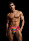 Man wearing Envy Rainbow Pride Briefs in Red S/M, featuring a vibrant rainbow pattern and comfortable fit.