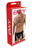 Envy Midnight Stride Garters Black packaging featuring a model showcasing the stylish design and fit.